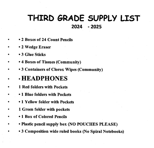 Third Grade School Supply List